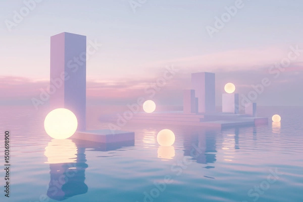Fototapeta Futuristic minimal temple with glowing spheres floating on water at sunset, rendered in soft pastel tones.