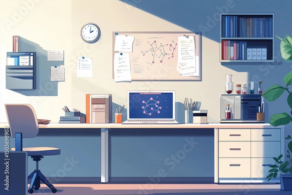 Fototapeta Clean and organized science research room with laptop and lab glassware in natural lighting.