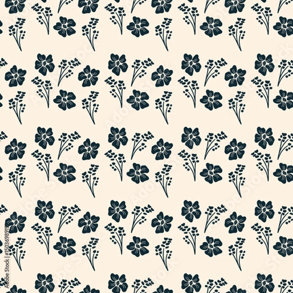 Fototapeta Navy Floral Arrangement on Cream Seamless Design for Textiles and Print. Minimalist Monochrome Vintage Floral Sprig Seamless Pattern. Elegant Floral Ditsy Botanical Repeat Pattern.