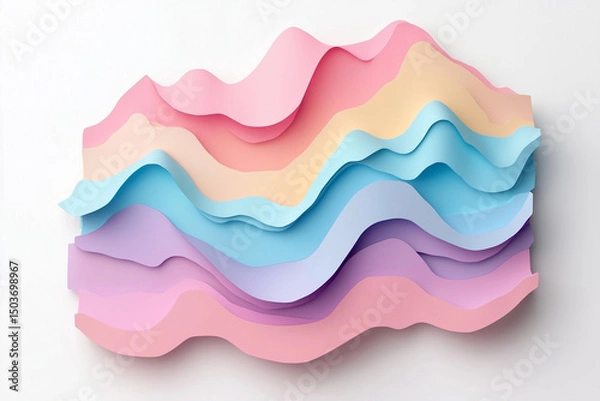 Fototapeta Layered pastel paper cut illustration forming abstract mountain landscape with soft gradients and flowing curves.