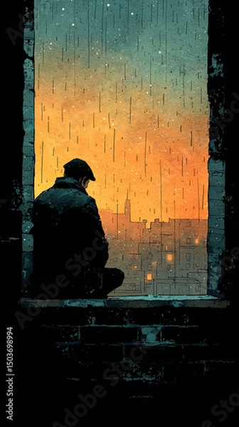 Fototapeta Solitary man sitting on window ledge at sunset, cityscape and rain, watercolor painting style