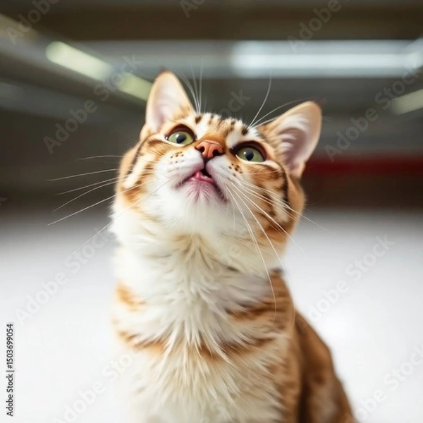 Fototapeta A sharp focus Tabby cat with raised paws against a blurred bokeh effect background, with generative ai