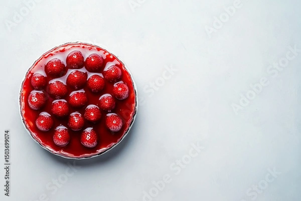 Fototapeta High-angle shot of a strawberry tart with vibrant red glaze on a light background.