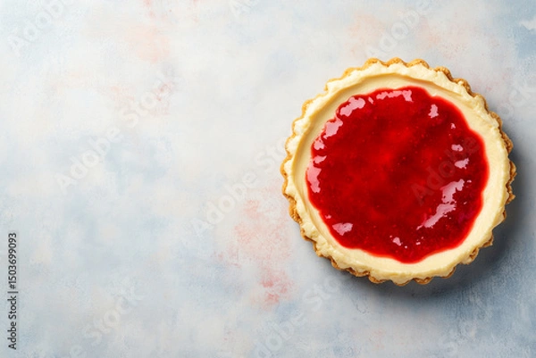 Fototapeta Overhead image of cheesecake with strawberry jam topping on a soft pastel surface.