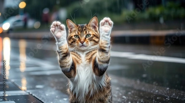 Fototapeta A sharp focus Tabby cat with raised paws against a blurred bokeh effect background, with generative ai