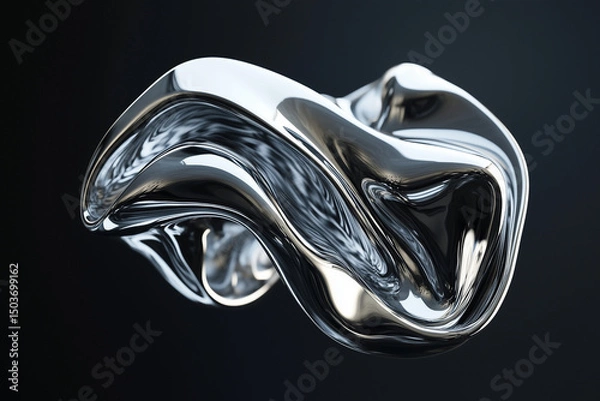 Fototapeta Futuristic abstract chrome shape suspended in dark space, reflecting fluid metallic curves.