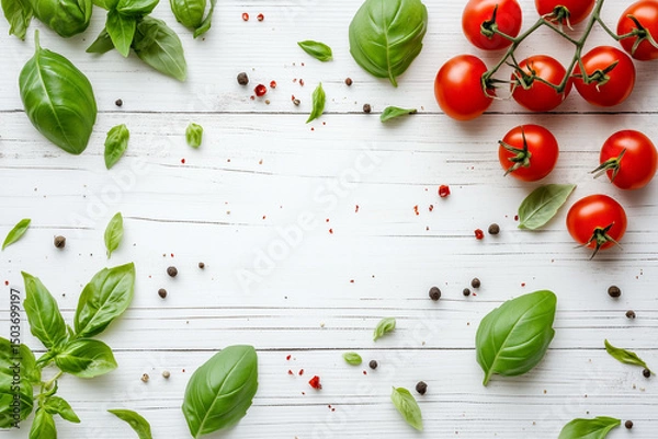 Fototapeta Fresh basil leaves and ripe tomatoes scattered on a white wooden tabletop, top view with clear space.