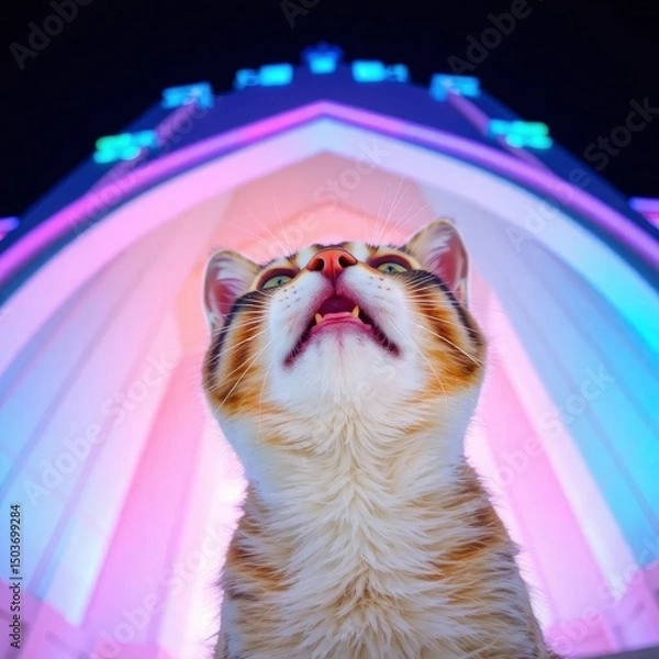 Fototapeta A sharp focus Tabby cat with raised paws against a blurred bokeh effect background, with generative ai