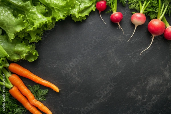 Fototapeta Fresh carrots, lettuce, and radishes arranged around the edges of a dark slate background, perfect for product or text placement.