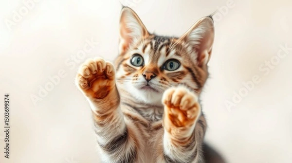 Fototapeta A sharp focus Tabby cat with raised paws against a blurred bokeh effect background, with generative ai