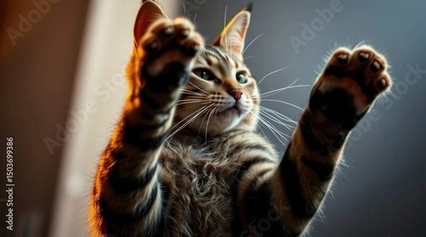 Fototapeta A sharp focus Tabby cat with raised paws against a blurred bokeh effect background, with generative ai
