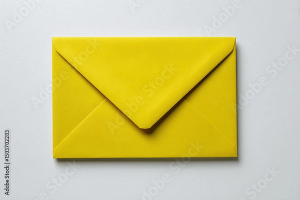Fototapeta Vibrant yellow envelope rests on clean white surface, symbolizing communication and creativity