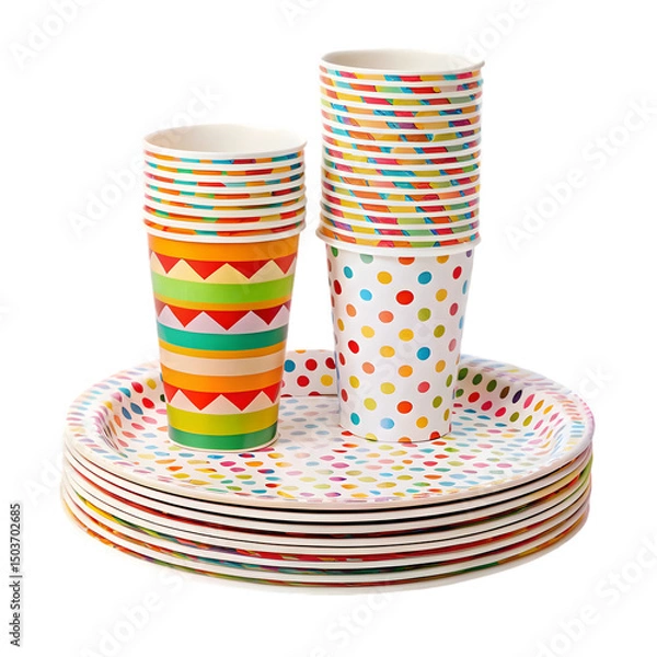 Obraz Themed paper party plates and cups stack on white background
