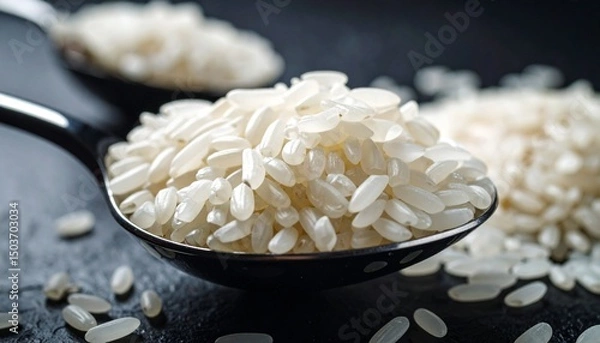 Fototapeta Macro shot of raw rice grains on a spoon
