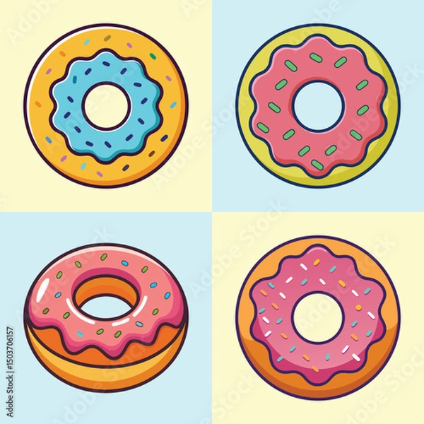 Fototapeta Colorful Cartoon Donuts with Icing and Sprinkles – Flat Vector Illustration