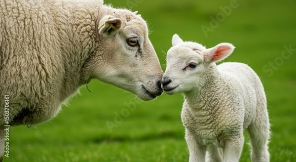 Fototapeta A heartwarming image of a mother sheep tenderly nuzzling her adorable lamb in a lush green field, capturing a beautiful moment of affection