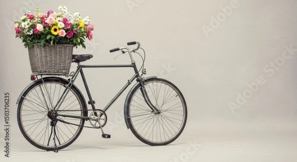 Fototapeta Charming Vintage Bicycle Adorned with a Basket Overflowing with Colorful Flowers