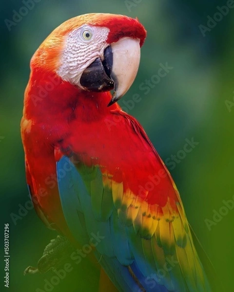 Obraz Close-up portrait of a beautiful Red-and-Green Macaw. Bright red and green feathers contrast with the distinctive white face. A stunning tropical bird of beauty.