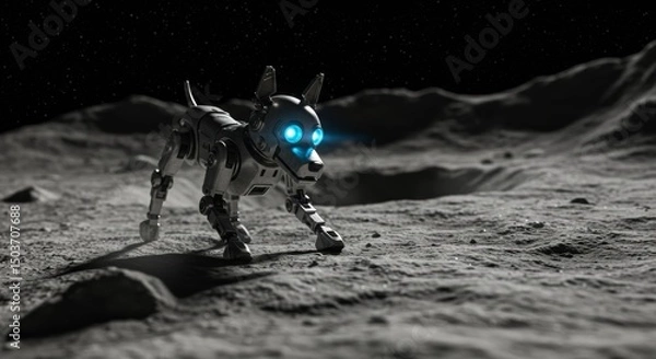 Fototapeta A lonely robotic dog explores the surface of an alien moon with glowing blue eyes