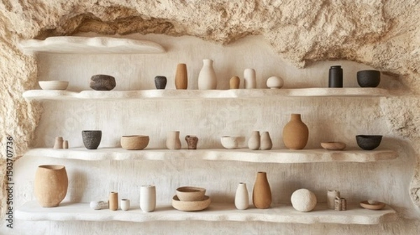Fototapeta Earthy Ceramics Displayed on Rustic Shelves