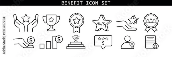 Fototapeta Benefit Icon Set, Vector Outline Graphics of Rewards, Achievements, Ratings, Financial Growth and Certification Symbols