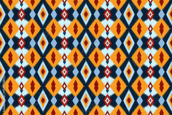 Fototapeta Abstract motif geometric triangles diamonds seamless pattern on vibrant yellow tones textured background. Christmas deco, textiles theme, digital wall paper etc., 