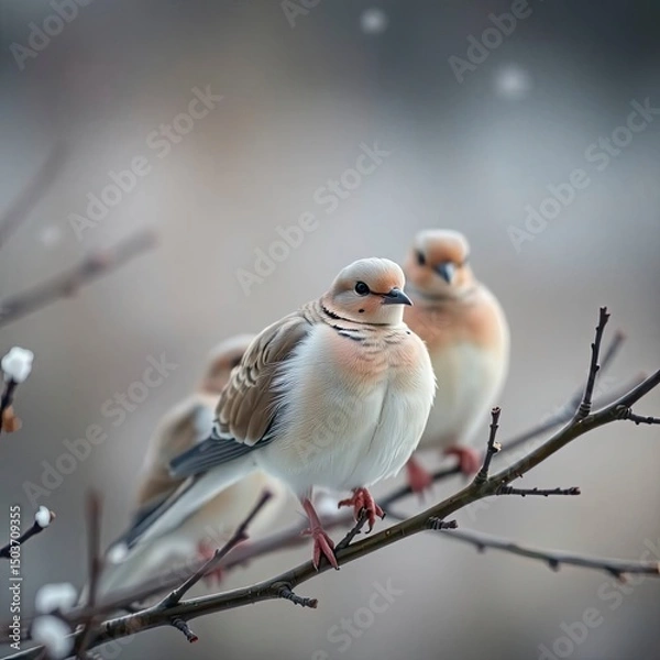 Obraz A low-angle shot of mourning doves perched on snow-covered branches in winter, soft cinematic haze with generative ai