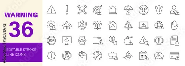 Fototapeta Warning icon set. Containing alert, caution, danger, error, hazard, notification, attention sign, exclamation mark, stop, notice and more. Editable line icons. Vector illustration.
