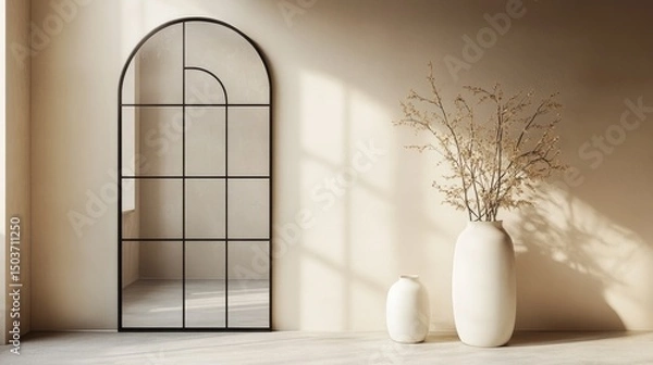 Fototapeta Minimalist Interior Design with Arch Window and Dried Flowers