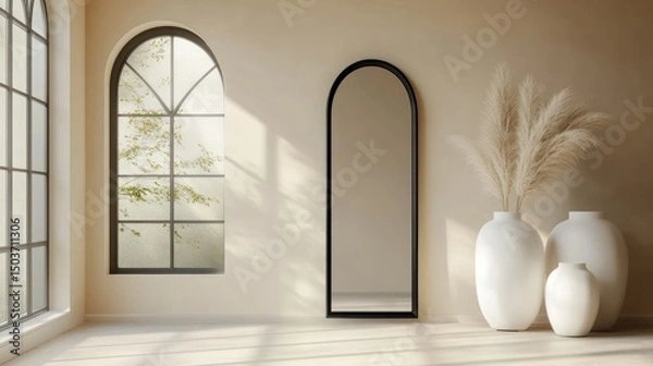 Fototapeta Minimalist Interior Design with Arched Windows and Mirror