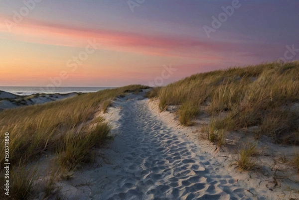 Fototapeta A winding path through empty dunes under twilight, footsteps the only trace of presence. A subtle beam of light ahead suggests a divine destination. Tranquil and symbolic