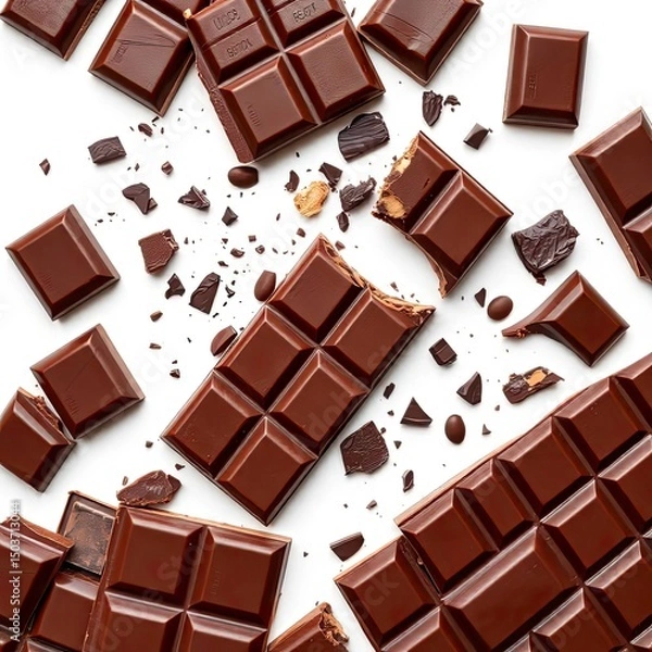Fototapeta A luxurious broken chocolate bar with chocolate chunks, isolated on a white background with generative ai