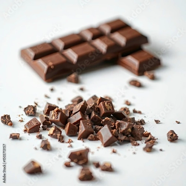 Fototapeta A luxurious broken chocolate bar with chocolate chunks, isolated on a white background with generative ai