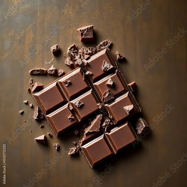 Fototapeta A luxurious broken chocolate bar with chocolate chunks, isolated on a white background with generative ai