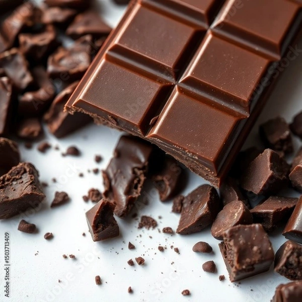 Fototapeta A luxurious broken chocolate bar with chocolate chunks, isolated on a white background with generative ai