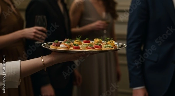 Fototapeta Elegant hand offering a tray of exquisite canap,s at a sophisticated event
