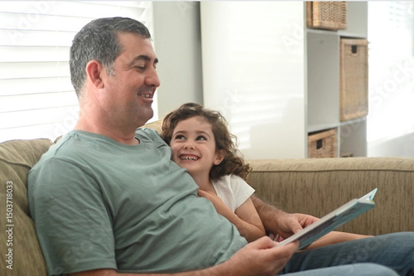 Fototapeta Father reading a book to his daughter