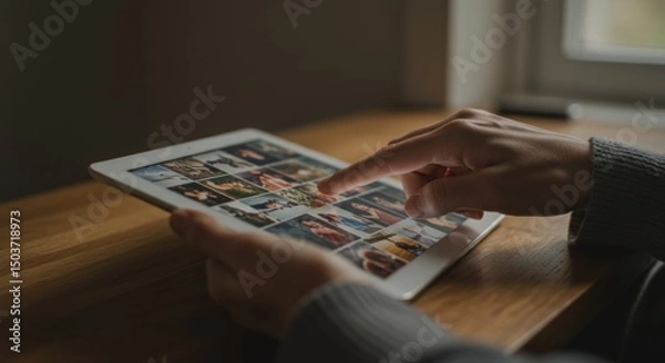 Fototapeta Browsing memories, A person interacting with a digital photo album on tablet device
