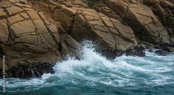 Fototapeta Dramatic Seascape, Waves Crashing Against Rocky Cliffs with Coastal Splendor