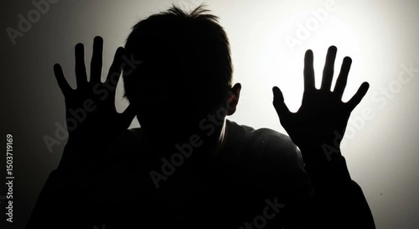 Fototapeta Silhouette of a man with hands pressed against translucent surface