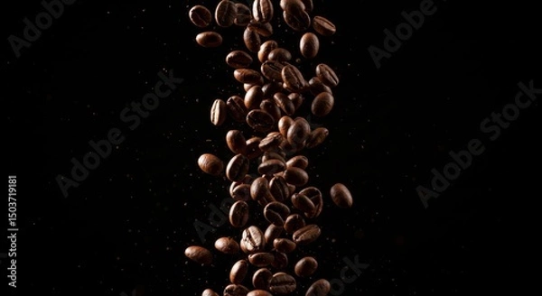 Fototapeta Dynamic Cascade of Roasted Coffee Beans Against a Dark Backdrop