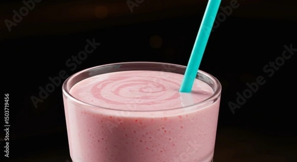 Fototapeta Close-up of a strawberry milkshake served in a glass with a blue straw on a black background