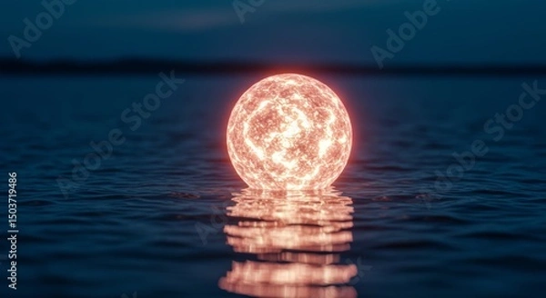 Fototapeta Glowing orb resting on serene waters reflecting its warm light at night