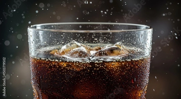 Fototapeta Refreshing Soda with Ice Cubes and Condensation Drops in Clear Glass