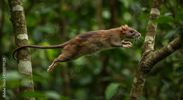 Fototapeta Agile Malagasy Giant Jumping Rat Leaps Across Forest Canopy Branches