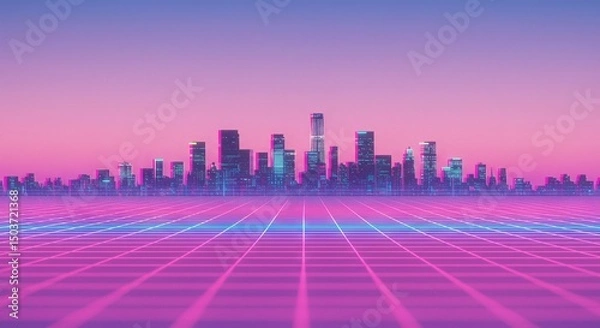 Fototapeta Synthwave Cityscape, Retro-Futuristic Neon Skyline with Glowing Grid