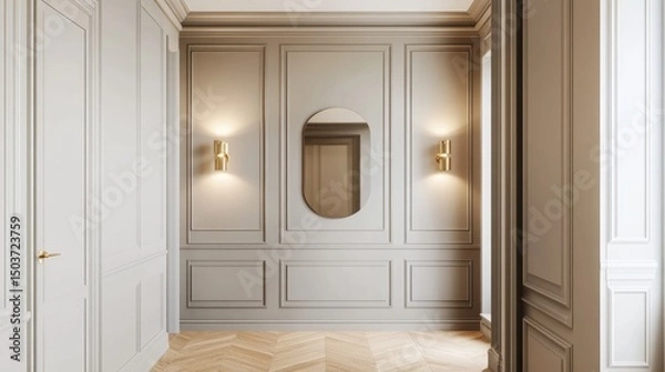 Fototapeta Minimalist Hallway with Elegant Molding and a Mirrored Oval