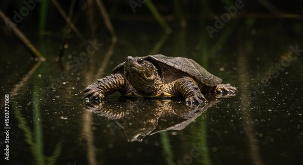 Fototapeta Reflective Serenity, A Snapping Turtle's Tranquil Moment in Still Water