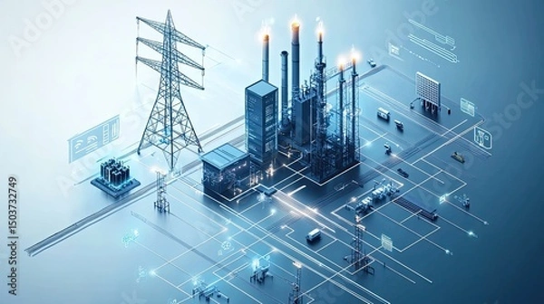 Fototapeta Future energy infrastructure visualizing smart grids showing towers and industrial plants with blue