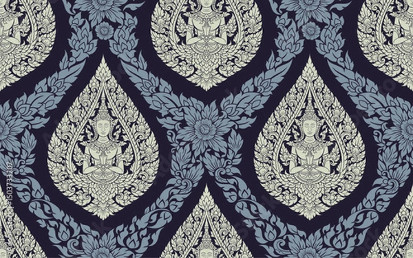 Fototapeta seamless traditional Thai art floral pattern in damask style motifs suitable for wallpaper, cloth, curtain, textile, tile and fabric design isolated illustration vector archive EPS file.